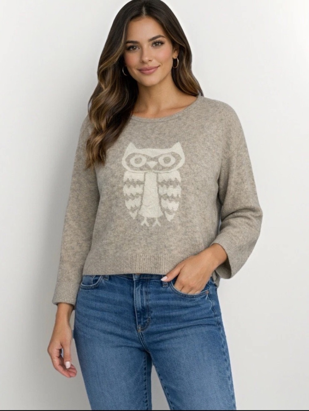 Woolrich Womens Owl Embellished Knit Sweater Beige M Neutral Wool Nature Outdoor